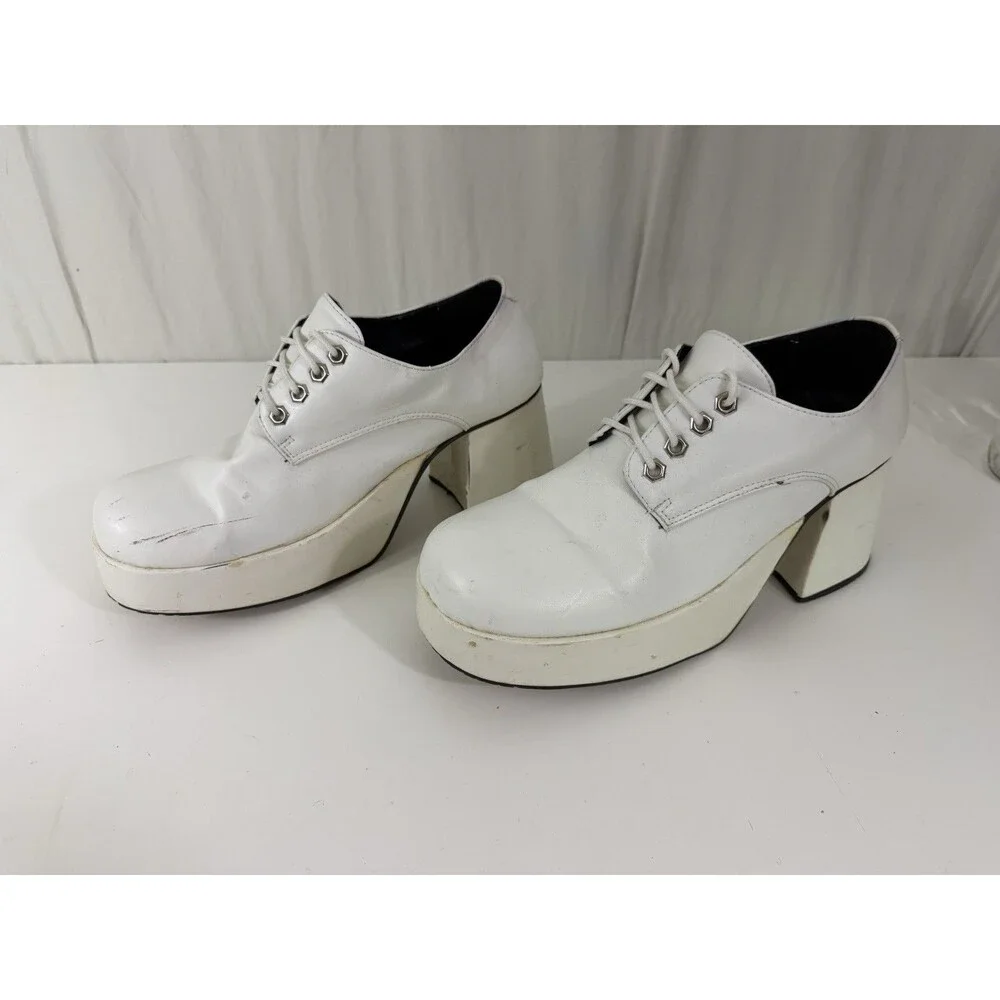 White Patent Men Platform Shoes Dance Party Sz 10-11 Chunky Retro ‘70s Fashion